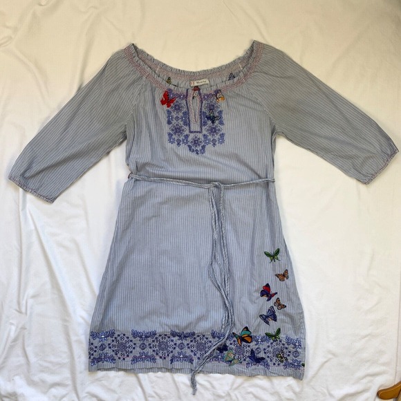 3J Workshop Johnny Was Striped Dress Embroidered S fit M Blue Milkmaid Floral - Picture 12 of 12